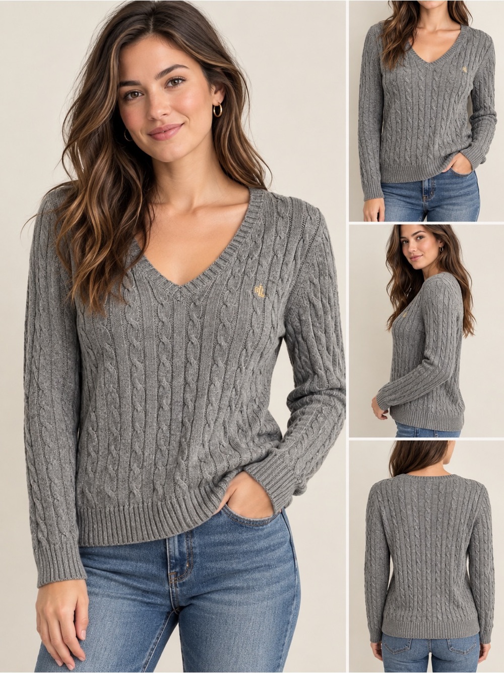 Ralph Lauren Gray Cable-Knit V-Neck Sweater with Polo Pony